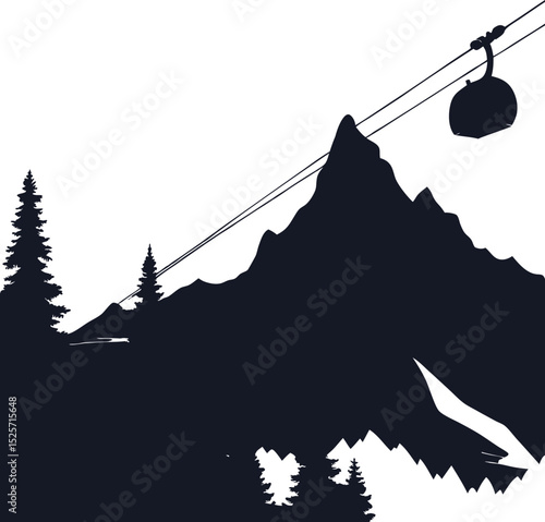 A stark, dark blue silhouette of a mountain range with pine trees and a cable car gondola, set against a white background.