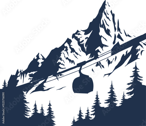 A stark, dark blue silhouette of a mountain range with pine trees and a cable car gondola, set against a white background.