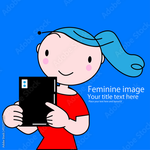 可愛い女性のちびキャラがタブレットPCを見てるポーズ