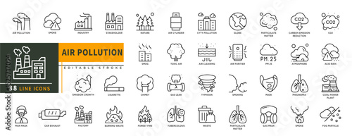 Minimalist Air Pollution line icon set with editable stroke, featuring smoke, industry, chimey, gas leak, typhoon, waste, forest fire, particulate matter, carbon emmision, mask, co2. illustration.
