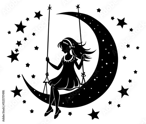 A silhouette illustration of a young girl swinging from a crescent moon, surrounded by a multitude of stars, evoking a dreamlike and whimsical celestial scene.