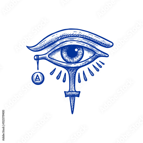 Eye of Horus Illustration, Blue Ink Sketch Style, Symbolic Details. Ancient Egyptian Symbol of Protection, Health, Royal Power. For history, spirituality, education, travel design