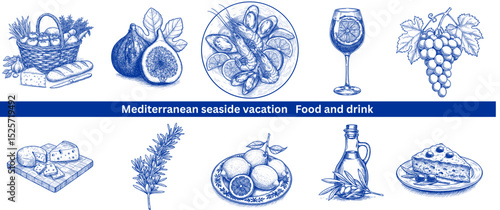 Set of Mediterranean Food and Drink Illustrations, hand drawn sketch, cobalt blue line art. Perfect for vacation theme design, restaurant menus, travel websites