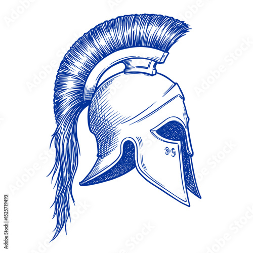 Ancient Greek Warrior Helmet Illustration, Blue and White Sketch Style. Symbol of ancient warfare. Design element for history, education, travel, mythology