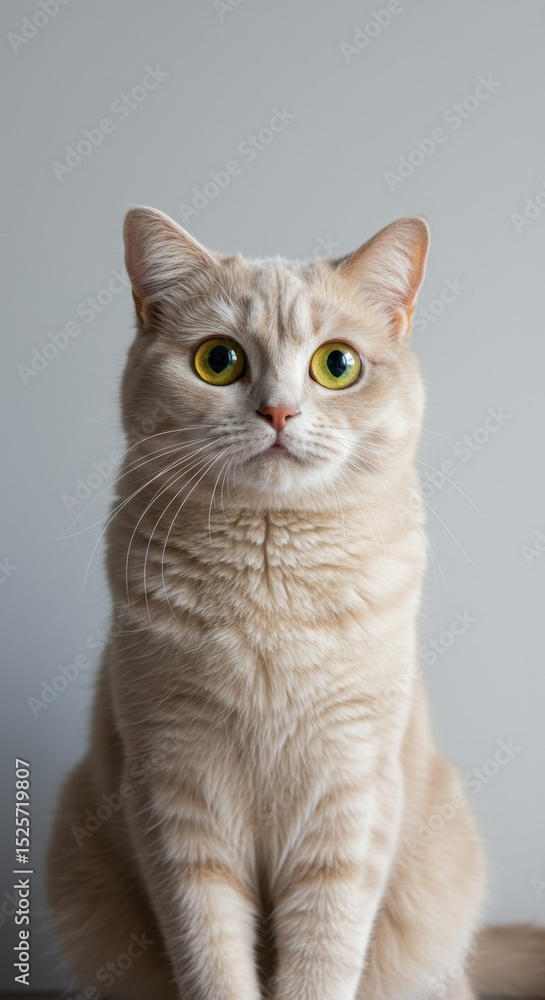 Obraz premium Adorable Cream British Shorthair Cat with Striking Yellow Eyes Posing Elegantly Indoors