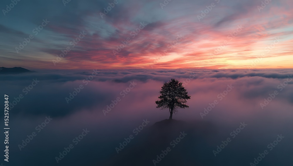 Naklejka premium Solitary tree atop a cloud sea at sunset