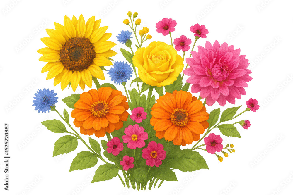 Naklejka premium Vibrant floral bouquet featuring sunflower, rose, dahlia, zinnia blooming against transparent backdrop with lush green foliage