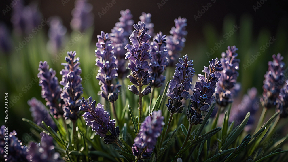 Fototapeta premium Natural background of lavender flowers with water droplets, rich contrast and vibrant color, perfect for backgrounds, prints, or lifestyle visuals.
