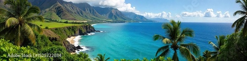 Lush green volcanic slopes meet turquoise ocean waters in stunning Maui, Hawaii Palm trees sway gently in the warm tropical breeze, creating a paradise scene , landscape, travel