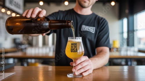 Trendy urban brewery with craft brewer pouring beer into a glass during a bustling evening. Made In The USA Day