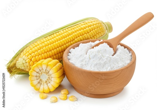 Corn and cornstarch in a wooden bowl with spoon
