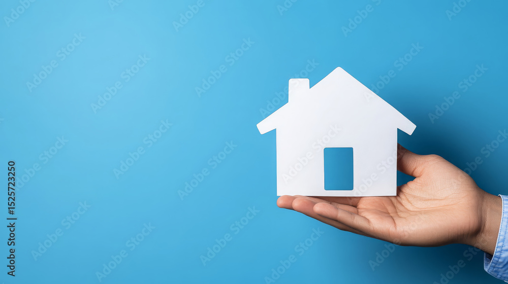 Hands holding paper house cutout against blue background, symbolizing home and security Hands holding paper house cutout against blue background, symbolizing home and security