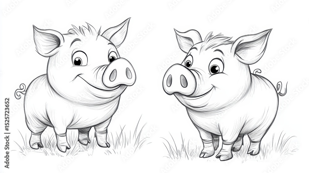 Two cute cartoon pigs, pencil sketch. Two cute cartoon pigs, pencil sketch.