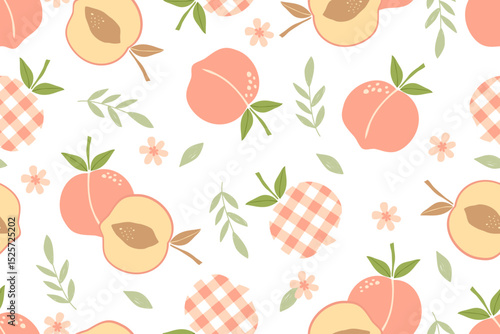 Summer seamless pattern with vector illustrations of fruits. Hand drawn healthy food set and peach cartoon background.