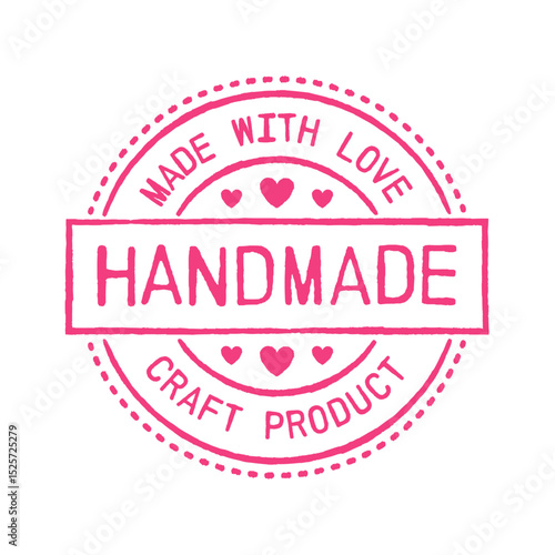 Handmade stamp. Pink rubber stamp with text handmade, made with love and craft product. Isolated vector illustration.