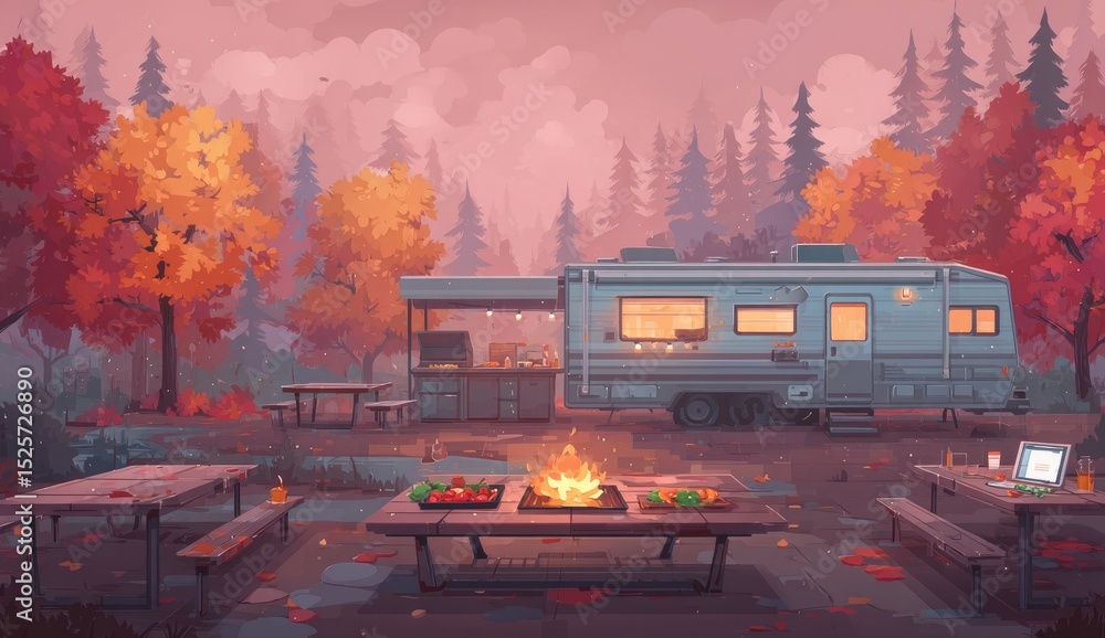 Obraz premium Autumn campsite scene with campervan