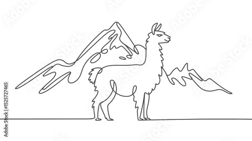 One Line Drawing of a Llama with Mountains