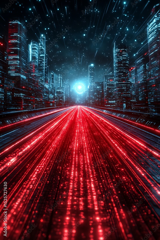 Obraz premium Futuristic neon cityscape with light trails, digital rendering of progress
