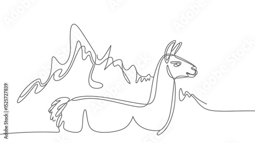 Continuous Line Drawing of a Llama with Mountains