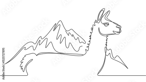 One Line Drawing of a Llama and Mountains