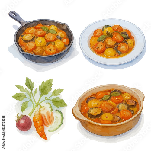 Watercolor Illustration of Savory Tomato and Vegetable Stew in Various Dishes