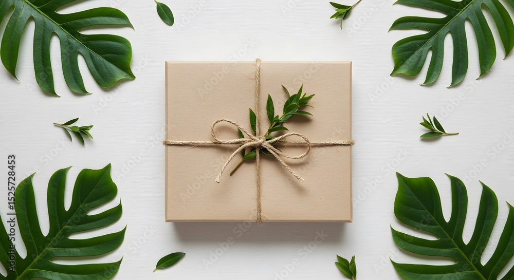 Gift Box Wrapped in Brown Paper with Green Leaves on White Background