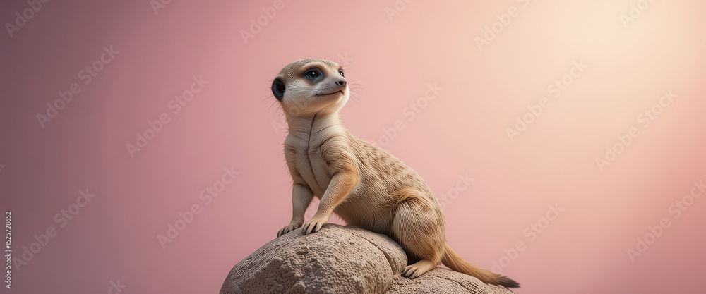 Obraz premium Meerkat sitting on rock with pink gradient background in studio lighting, realistic animal pose showing alert wildlife behavior for nature photography, zoo content, and educational pet use