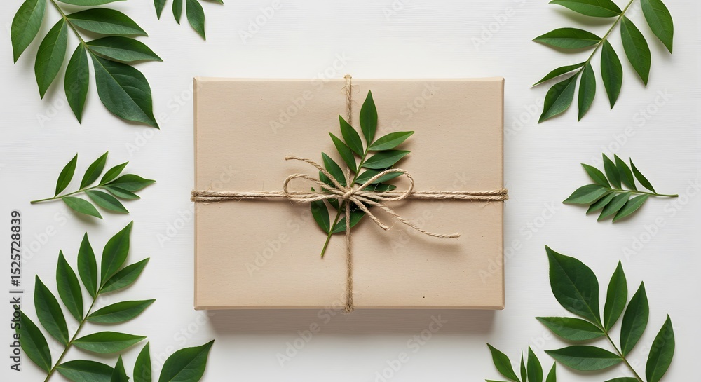 Elegant Gift Box with Greenery on White Background - Minimalist Present, Natural Decoration Elegant Gift Box with Greenery on White Background - Minimalist Present, Natural Decoration