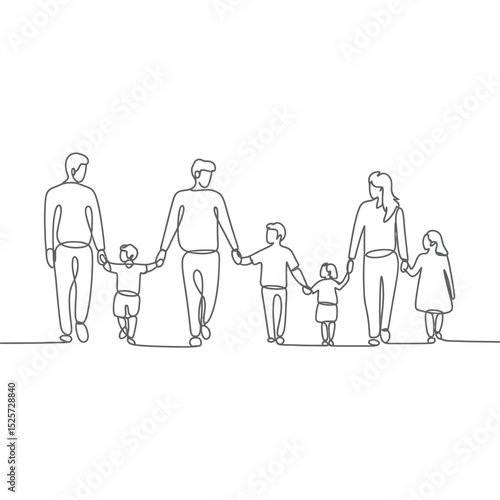 Happy Family Walking Hand in Hand One Line Drawing