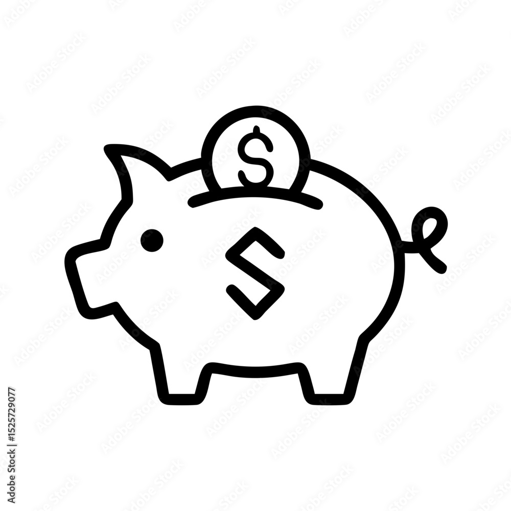 Piggy bank icon with a dollar sign, suggesting saving and financial planning. A coin is being put into the savings box Piggy bank icon with a dollar sign, suggesting saving and financial planning. A coin is being put into the savings box