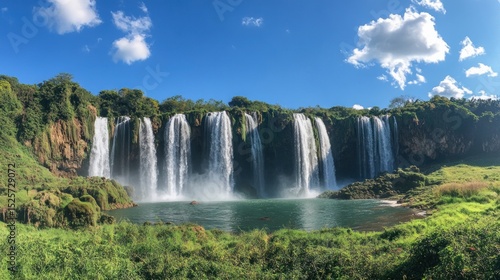 Majestic Waterfall Cascading Down Lush Green Cliffs under a Brilliant Blue Sky