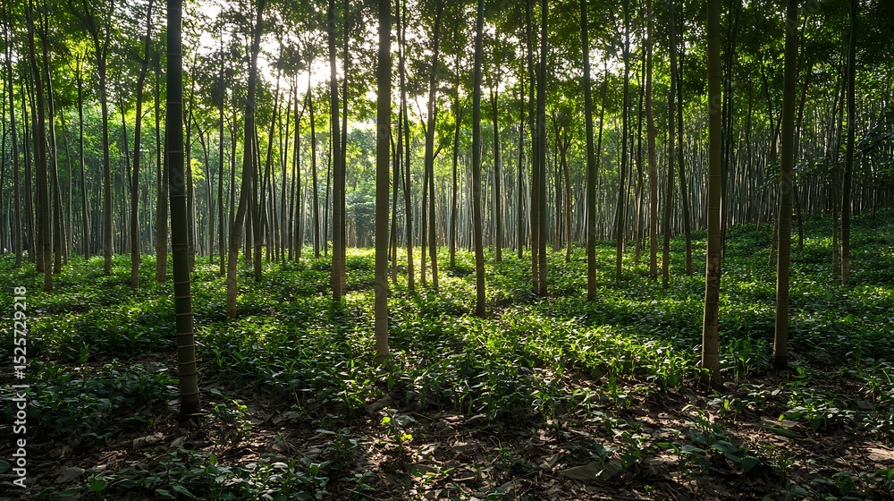 Fototapeta premium Sunlight Filtering Through Dense Forest Canopy Scene