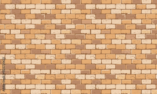 A detailed seamless background illustrating a classic brick wall in shades of brown, tan, and beige