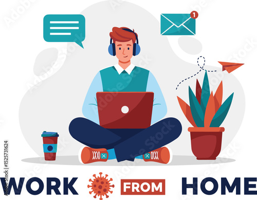 Freelancer are woking on laptop at home. Remote work. Self-quarantine concept. Work at home during an outbreak of the COVID-19 virus. Coronavirus quarantine preventive measures. Vector illustration