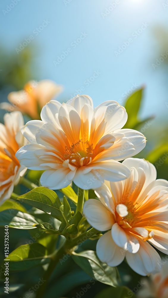Fototapeta premium Stunning Close-up of Peach and White Dahlias, Blooming Bright Under Summer Sun, Nature's Beauty, Vibrant Colors, Floral Photography