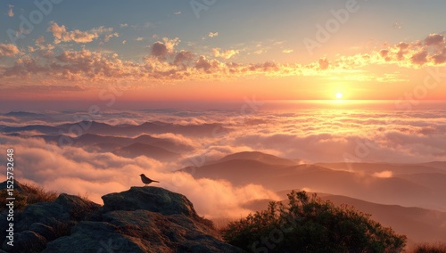 Wallpaper Mural Sunrise over misty mountaintops, solitary bird Torontodigital.ca