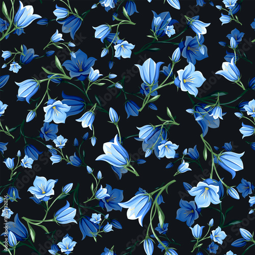 Seamless pattern with blue bluebell (campanula) flowers on a black background. Vector floral print