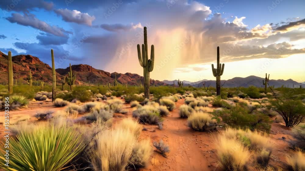 Scenic desert landscape with saguaro cacti under dramatic rain clouds and sunset light, mountain range and arid vegetation in the background