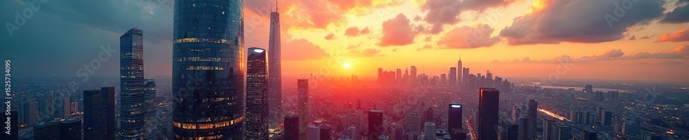 Fototapeta premium Modern glass skyscraper office building reflecting the city skyline at sunset Ideal for corporate, real estate, and architectural projects Stunning urban landscape view , exterior, skyscraper