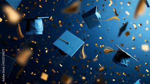 Blue graduation caps and gold confetti falling against a dark blue background.