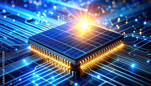 Futuristic solar chip emitting pulses as it rotates over smart-grid panel