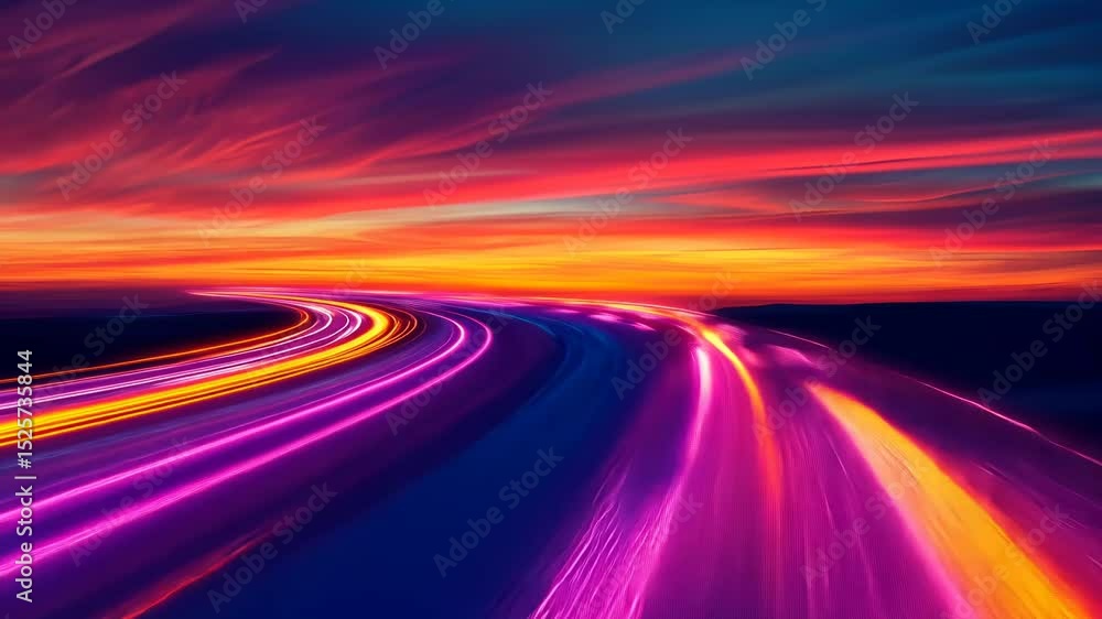 Vibrant Nightscape: A Highway's Luminescent Trail at Sunset Vibrant Nightscape: A Highway's Luminescent Trail at Sunset