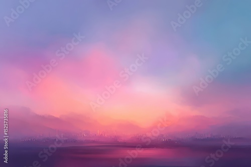 Fototapeta Naklejka Na Ścianę i Meble -  Dreamy, hazy sunset over a distant, low-lying city silhouetted against a vibrant, pink and purple sky