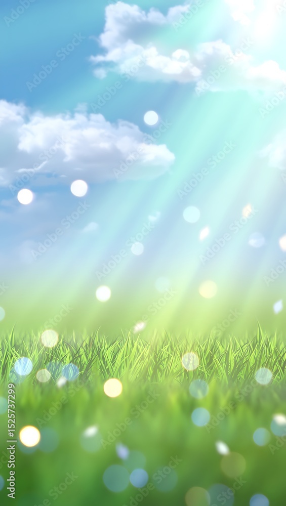 Fototapeta premium Vibrant Spring Meadow, Sunny Sky, Green Grass, Sparkling Light, Fresh Air, Nature's Beauty, Peaceful Landscape