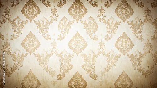 Detailed floral damask pattern in beige and cream with vintage textured background. Elegant, ornate design suitable for wallpapers and backdrops.