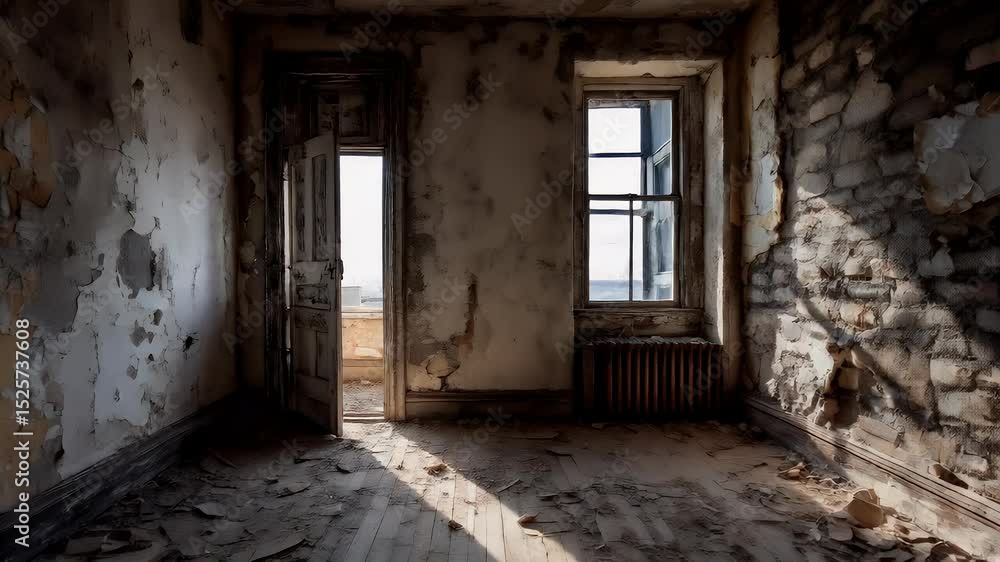 Abandoned, decaying room with an old radiator and peeling walls Abandoned, decaying room with an old radiator and peeling walls