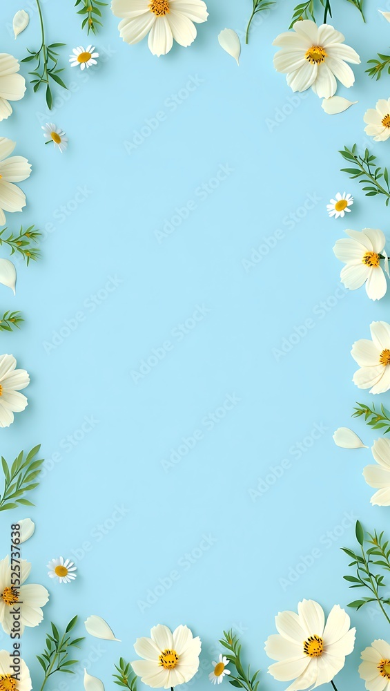Obraz premium Elegant White Daisies Floral Frame, Pastel Blue Background, Spring Summer Blossoms, Nature Photography, Botanical Design, Wedding Invitation Template, Floral Border, Greeting Card, Delicate Flowers
