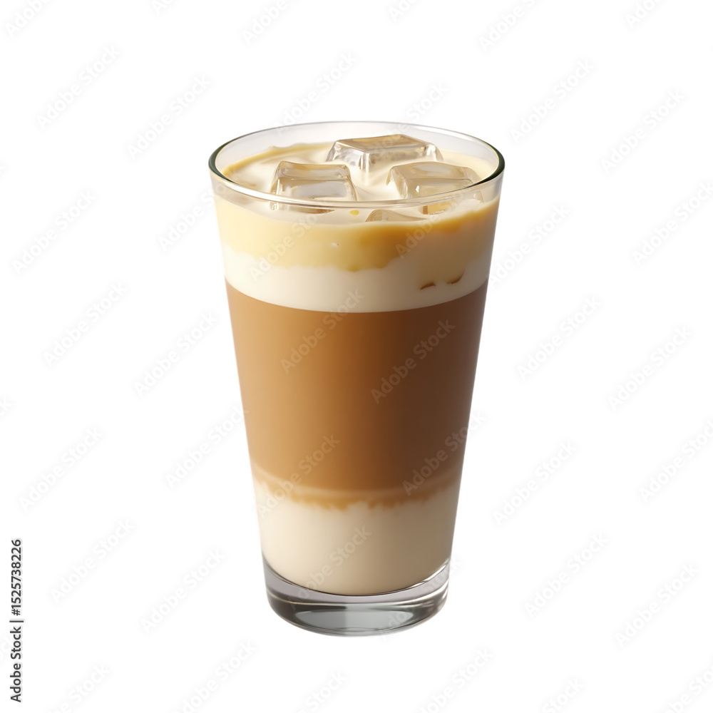 a glass of iced latte coffee with visible layers of milk and espresso,white background,beer,cold,drink a glass of iced latte coffee with visible layers of milk and espresso,white background,beer,cold,drink