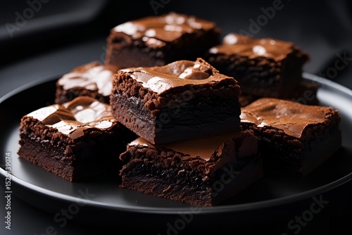 Close-up dark mood brownies on the black plate against black background