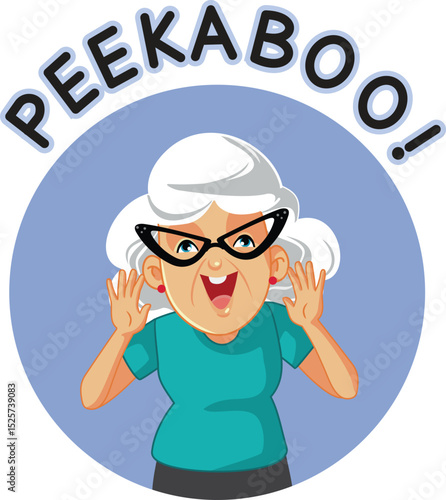 
Cheerful Granny Playing the Peekaboo Game Vector Cartoon Character 
Happy grandma peeking out while having fun with her grandchild 